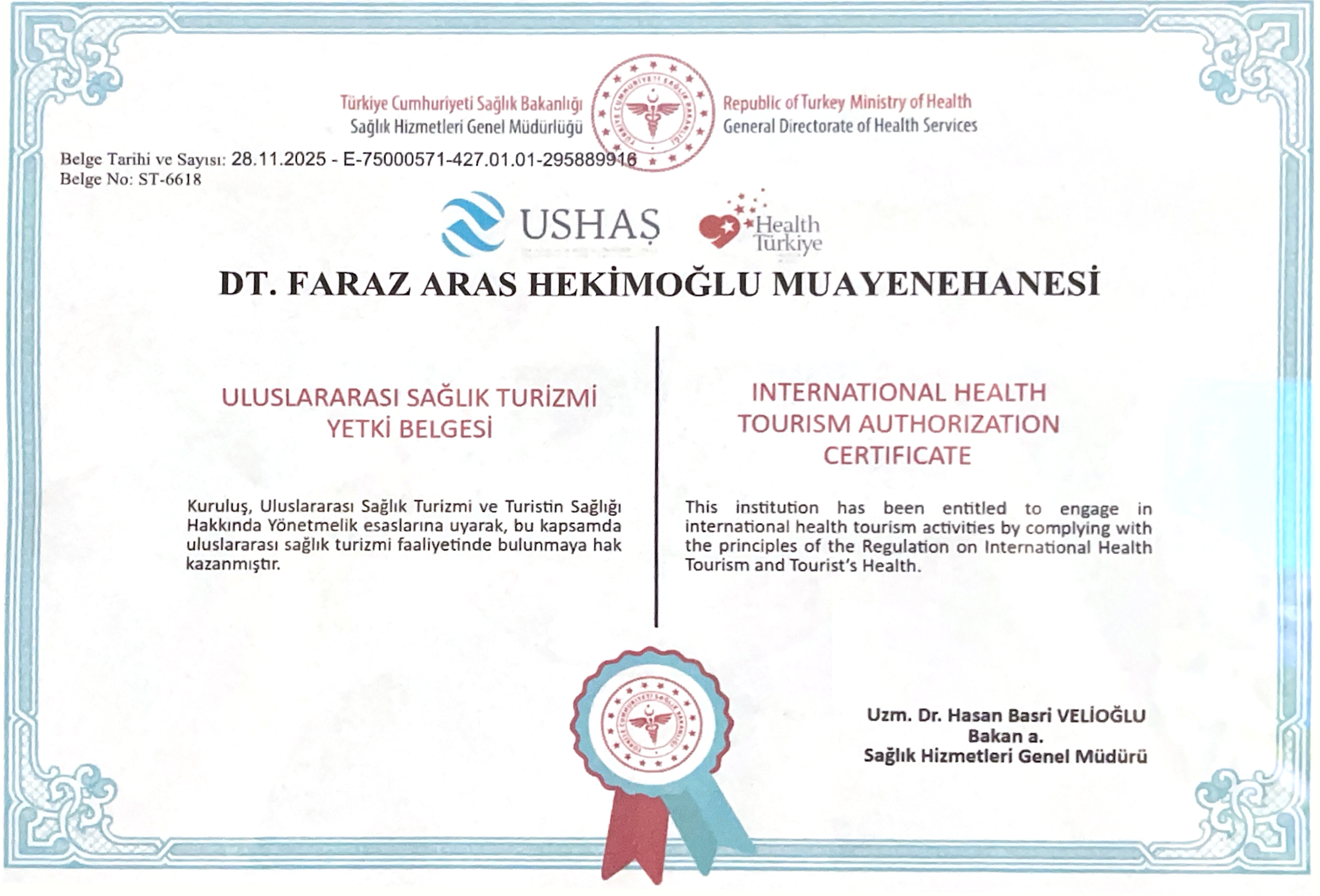 Dt. Aras Hekimoğlu - Uluslararası Sağlık Turizmi Yetki Belgesi